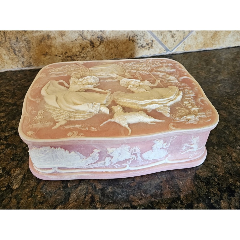Vintage Incolay Stone Vanity Trinket Jewelry Box Pink Little Bo Peep San...